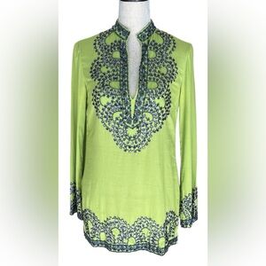 Tory Burch Womens Green V-Neck Embroidered Long Sleeve Tunic Top Size 2